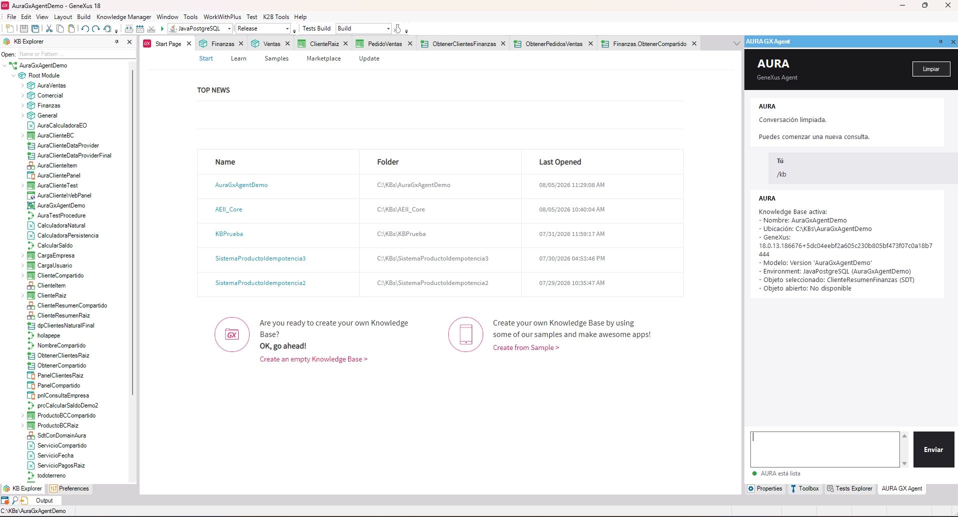 GeneXus Workspace con AURA GX Agent